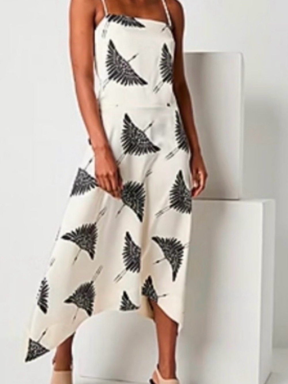 Worthington White Slip Dress with Black Fan Motif and Asymmetric Hem